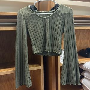 Solid Ribbed T-shirt, Casual V Neck Flared Sleeve T-shirt, Women's Clothing